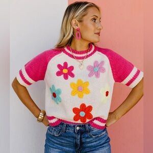 BiBi crochet Flower Varsity Sweater Boutique Top Size Small